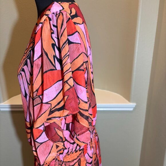 🧡DKNY Red Orange Floral Tropical Flowy Colorful Plunging Neckline Dress Size 14 - Picture 7 of 10